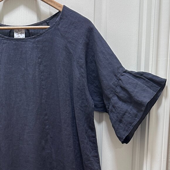 Match Point Women's 100% Linen Oversized Tunic Top Size M Gray Ruffle Accents - Picture 5 of 12